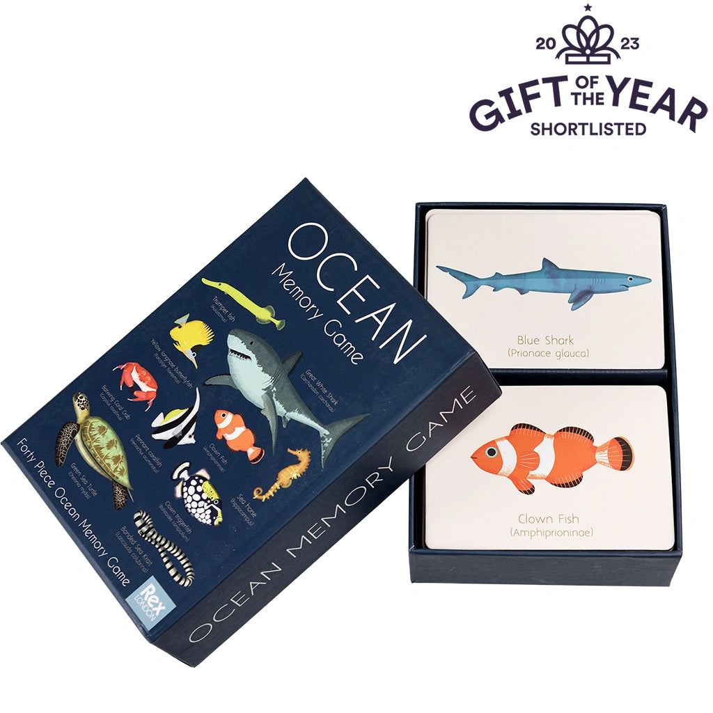 Ocean Memory Game by Rex London in a gift box. This fun and educational game challenges players to pair up a colourful array of ocean creatures.