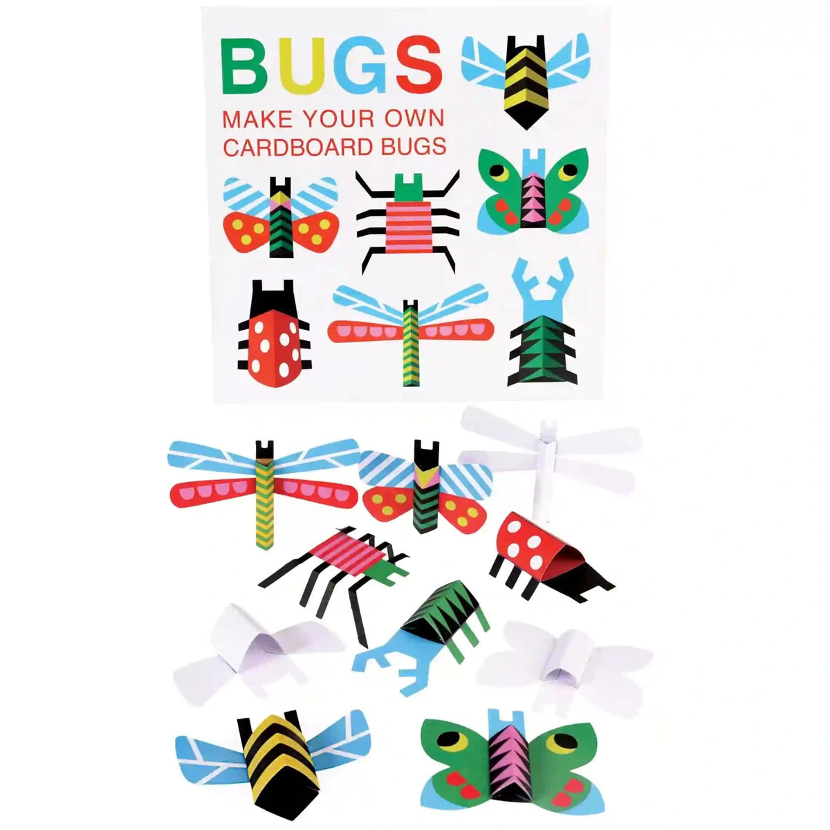 10 finished colourful cardboard bugs and packaging from the Rex London Make Your Own Cardboard bugs craft kit for children age 3 and over