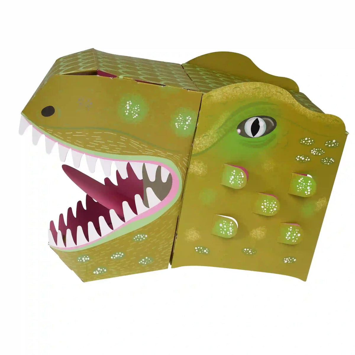 Rex London Assembled green and yellow 3D dinosaur head mask displayed on a white background, showing its decorative potential, with the open mouth and teeth visible.