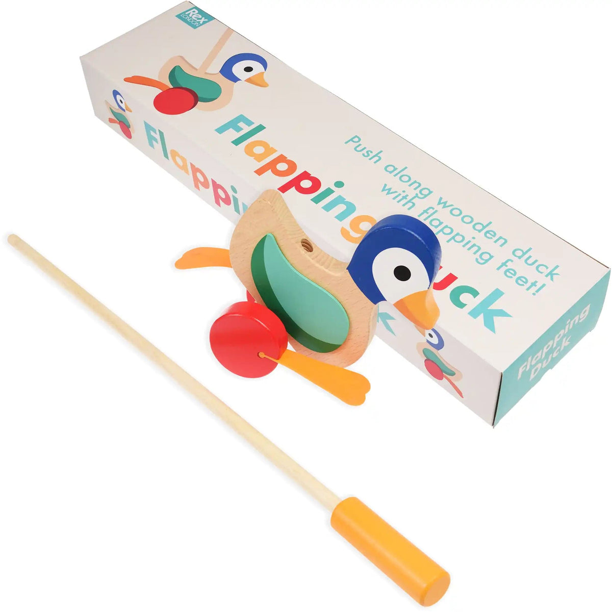 wooden push along duck with colourful details and wooden handle. Perfect toddler gift.