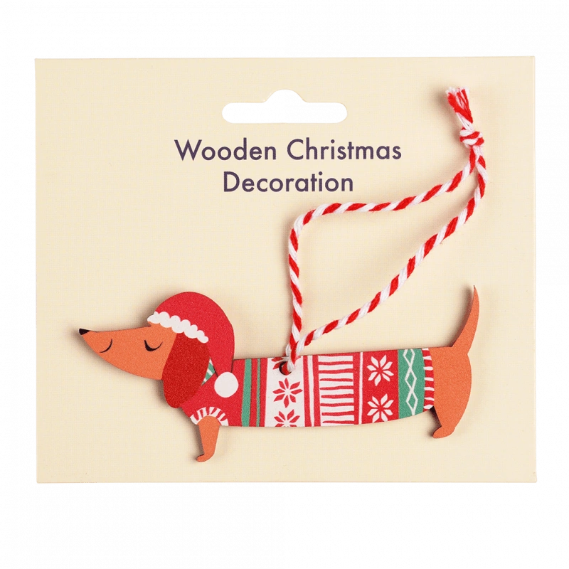 Colourful Wooden Sausage Dog Christmas Tree Decoration wearing a Christmas jumper. The decoration has red and white string and is on a cream backing card.
