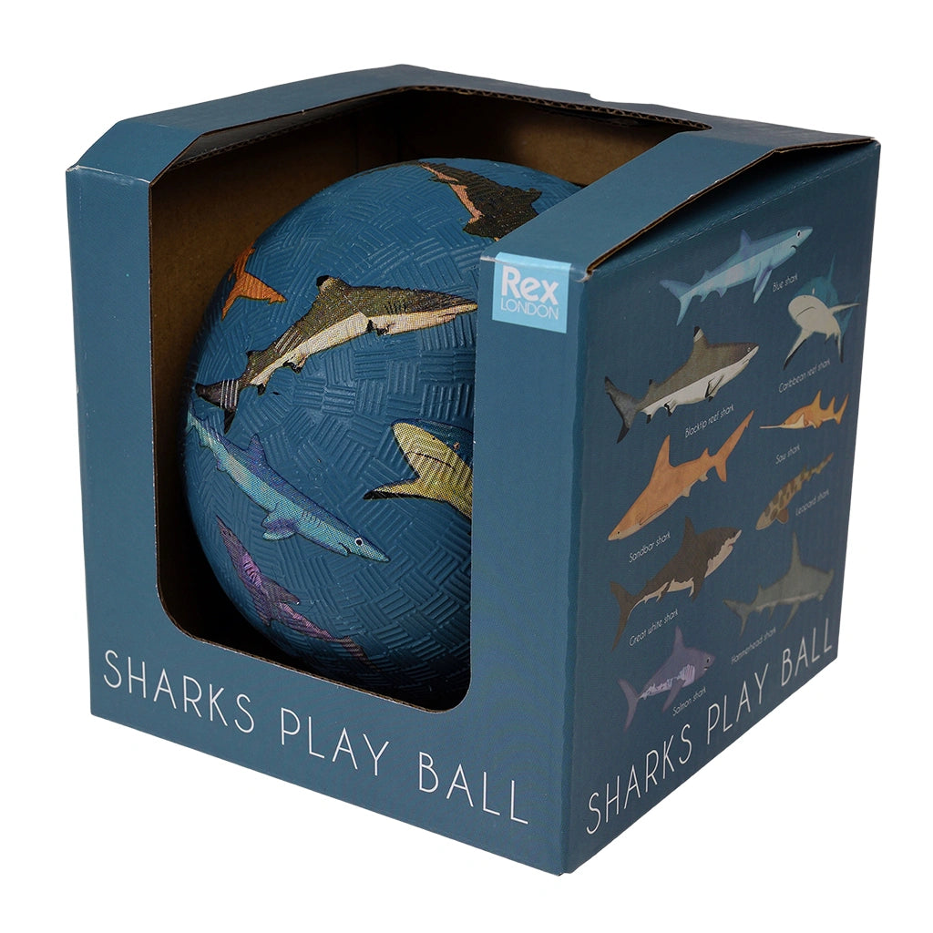 dark blue kids play Ball with shark design in a dark blue gift box. Suitable from birth
