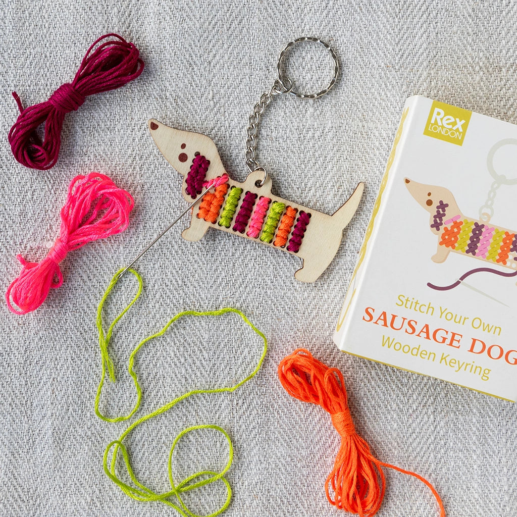 stitch your own wooden sausage dog keyring kit for children aged 6 and over 
