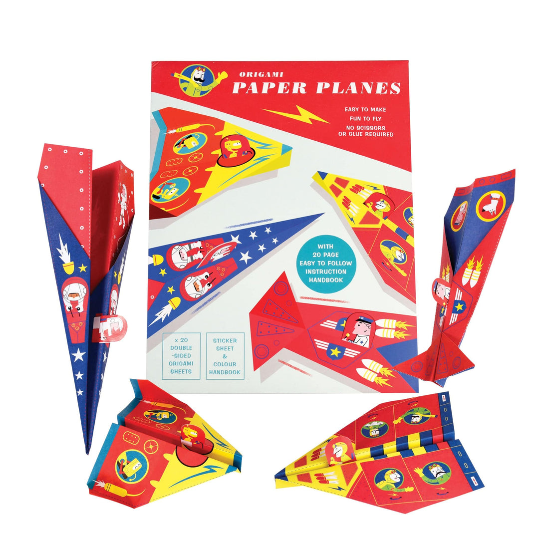 An origami paper planes craft set with colorful printed origami paper sheets, pilot stickers, and an instruction booklet.