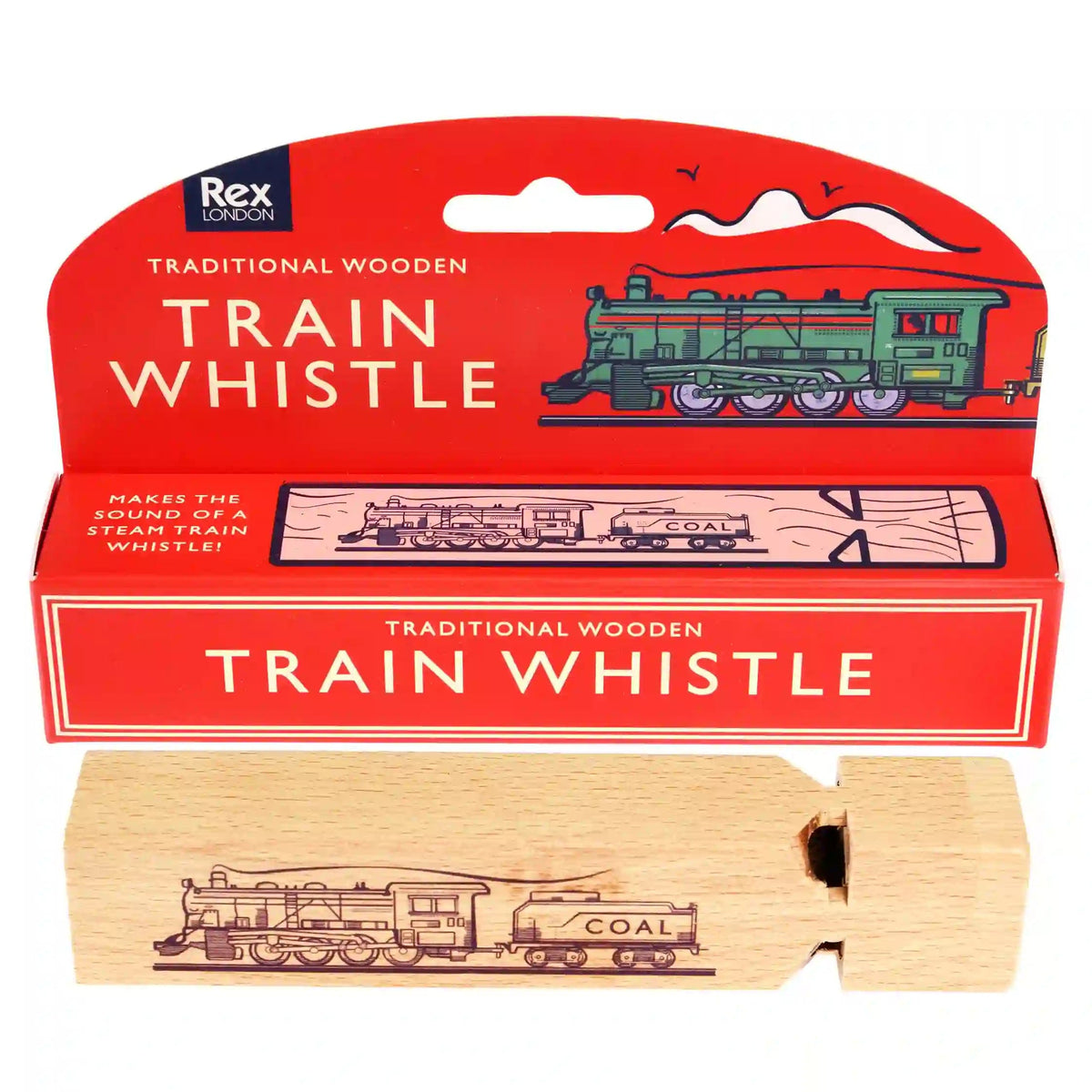 Packaging of a traditional wooden train whistle with a simple printed design, displaying illustrations of trains.