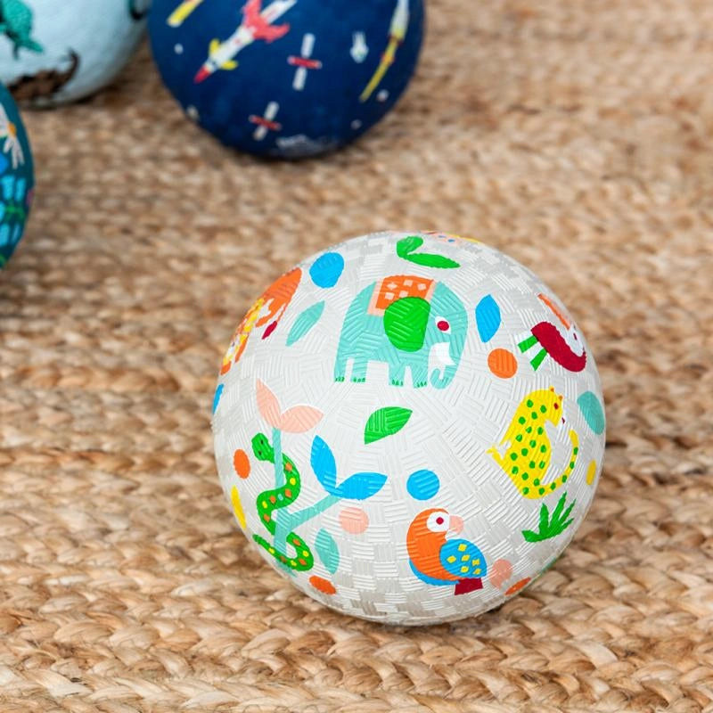 white rubber play ball for toddlers with cute retro animal designs. The ball is suitable for babies and toddlers