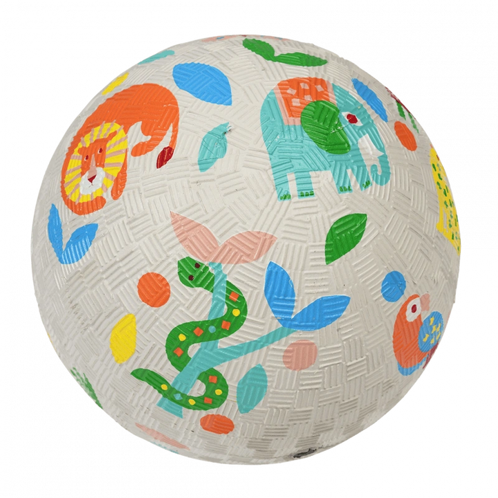 close up of white rubber play ball for toddlers with cute retro animal designs. The ball is suitable for babies and toddlers