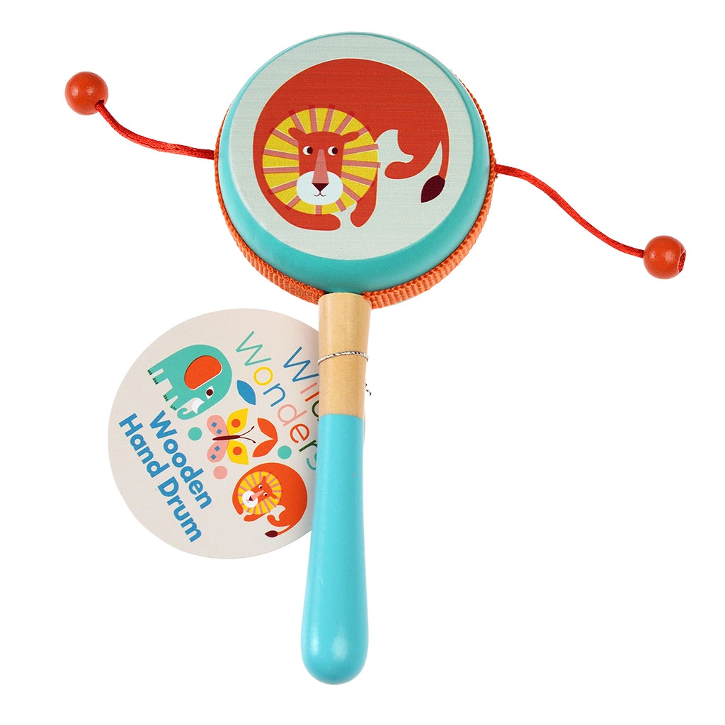 wild wonders rattle drum with orange lion illustration and blue wooden handle. Classic toy for children aged 3 and over.