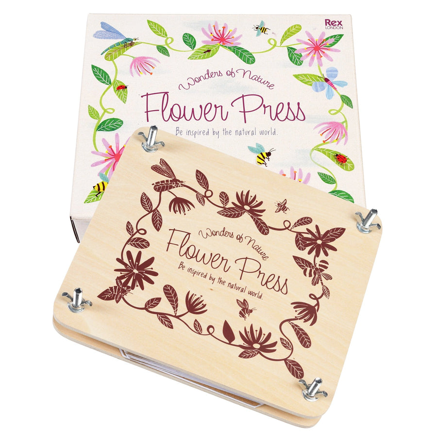 wooden flower press for children with floral engraving and gift box. Suitable for children aged 3+