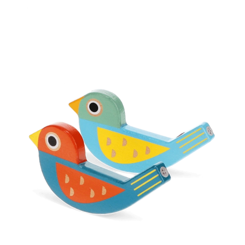 scandi style colourful wooden bird shaped whistles in red/blue or blue/yellow. For children aged 3 and over.