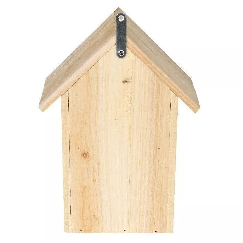 wooden bug hotel and insect house for outdoor spaces. Back view with hanging loop.