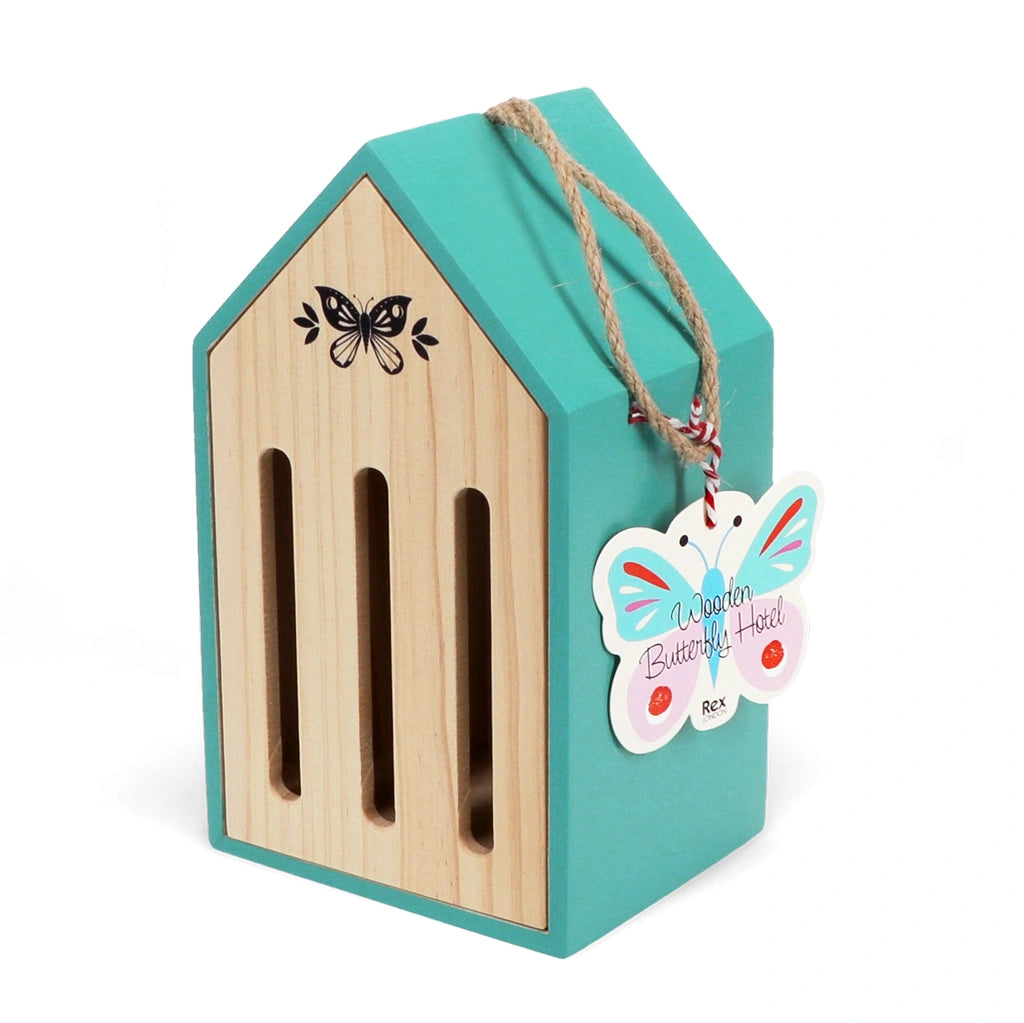 Wooden Butterfly Hotel by Rex london with turquoise exterior and wooden front panel engraved with a butterfly design