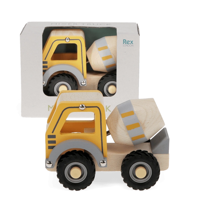 Yellow Wooden Cement Mixer Push Along Vehicle with rubber tyres. Suitable for children aged 12 months and over. Comes in a gift box. 