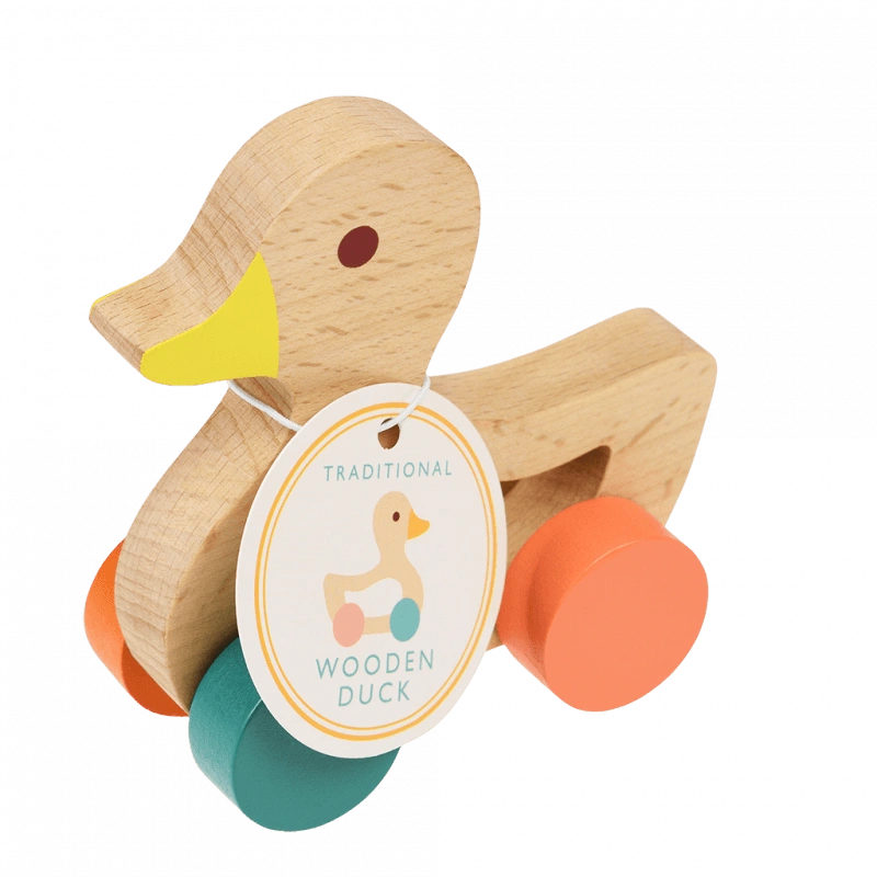 natural wooden duck push along toy with orange, green and yellow wheels in muted shades. The duck has a yellow beak and brown eye. For children over 12 months.  