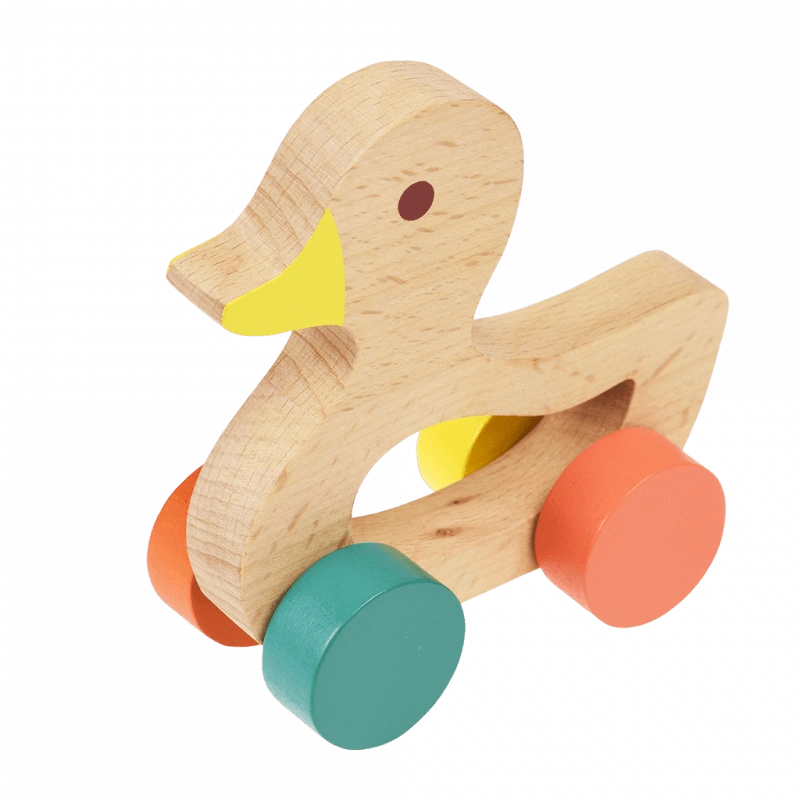 classic wooden duck push along toy with orange, green and yellow wheels in muted shades. The duck is shaped for little hands to grasp. For children over 12 months.  