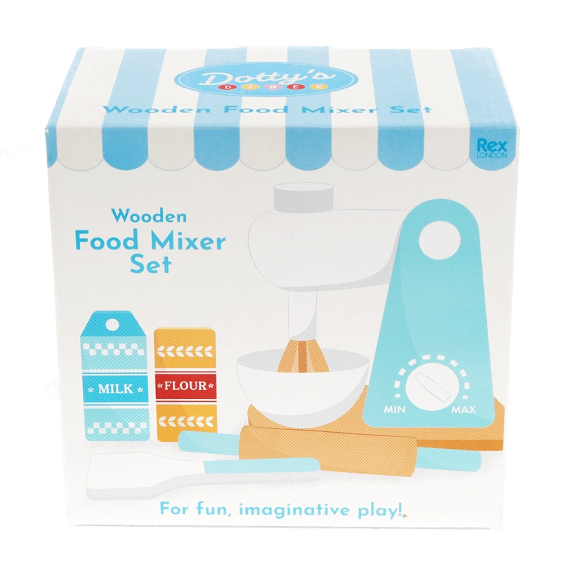 blue and white wooden food mixer play set in gift box. Made by rex london for children age 3 and over