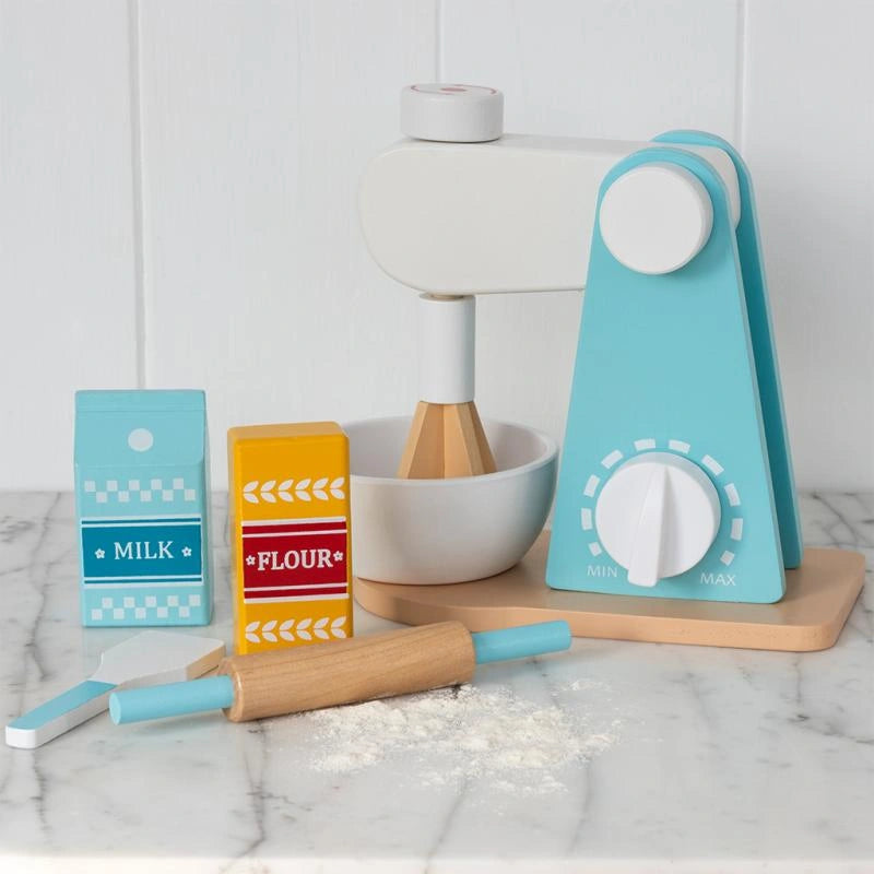 blue and white wooden food mixer play set with rolling pin, spatula and wooden packets of milk and flour. Made by rex london for children age 3 and over