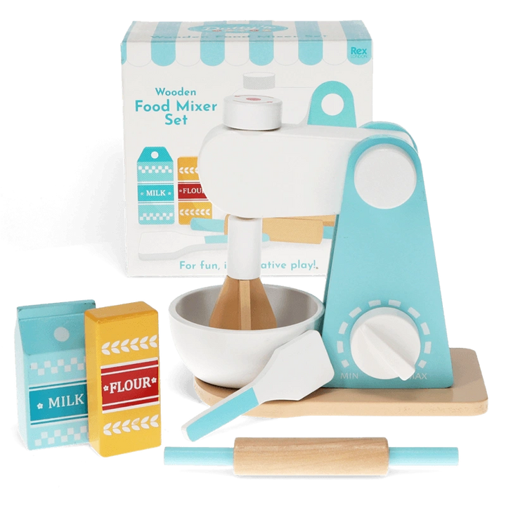 blue and white wooden food mixer play set with wooden packets of milk and flour. Made by rex london for children age 3 and over