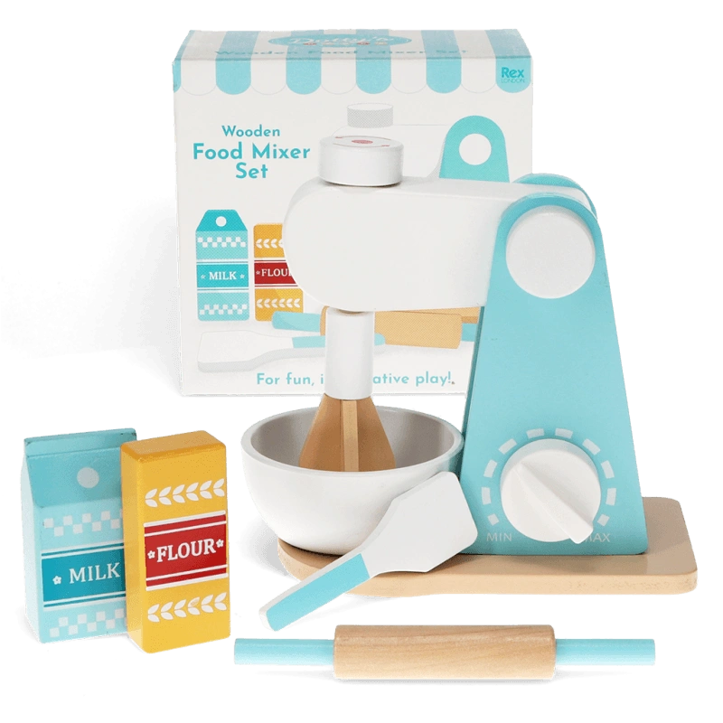 blue and white wooden food mixer play set with wooden packets of milk and flour. Made by rex london for children age 3 and over