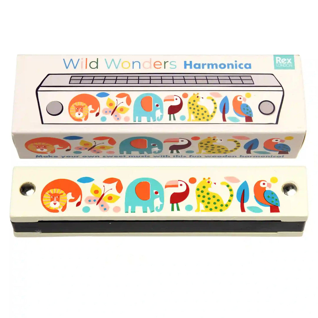 A wooden harmonica with a colourful retro animal design, packaged in a box with a matching design.