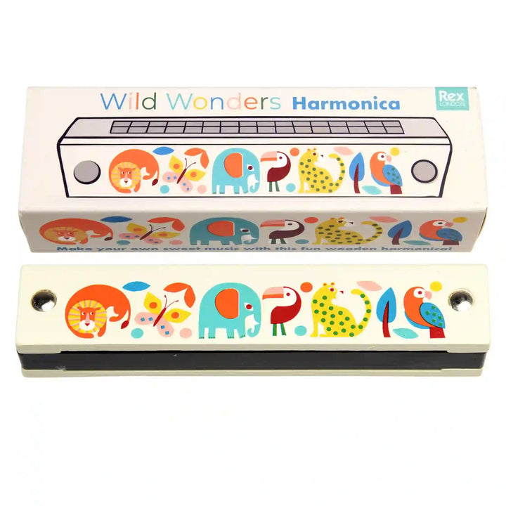 A wooden harmonica with a colourful retro animal design, packaged in a box with a matching design.