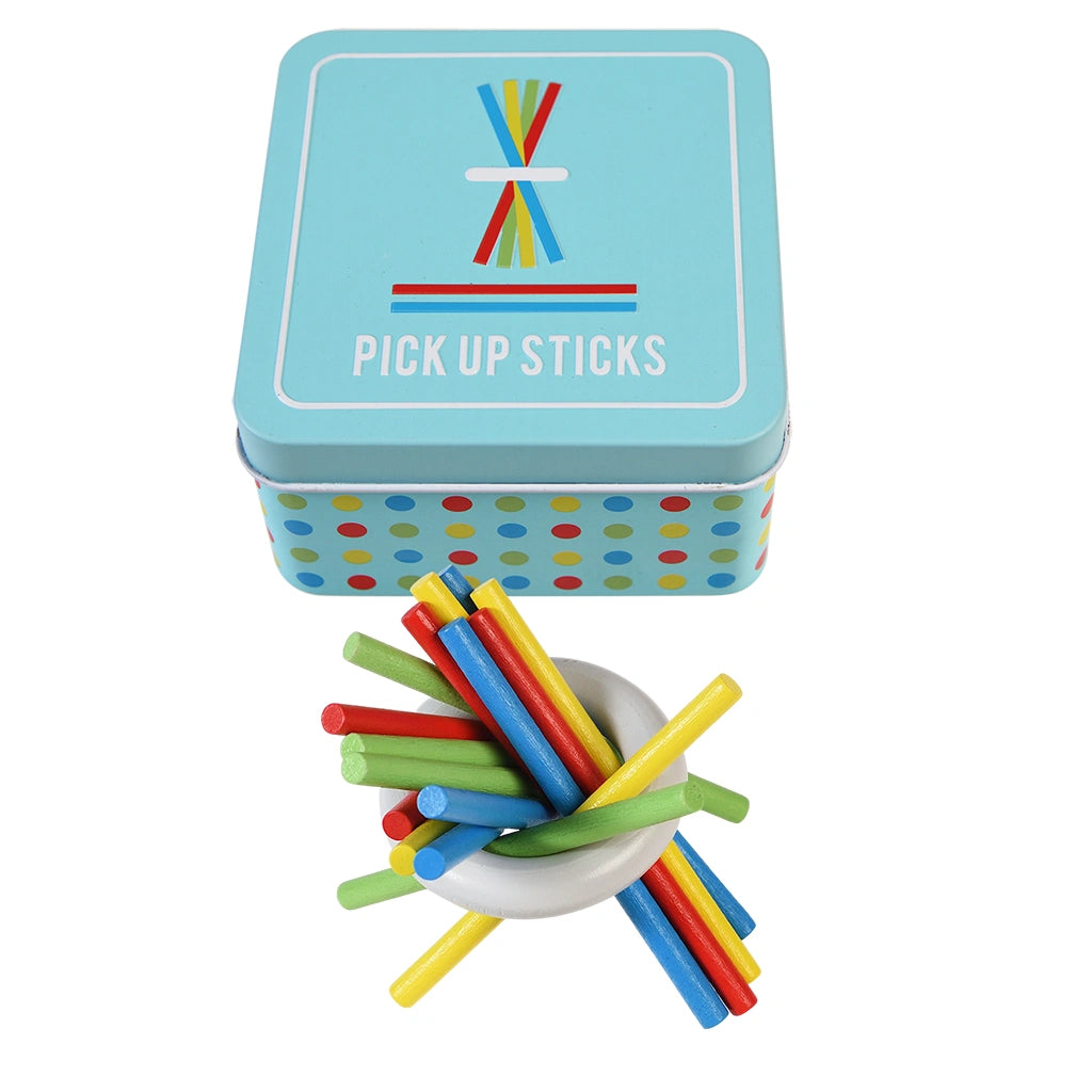 wooden pick up sticks game in a tin