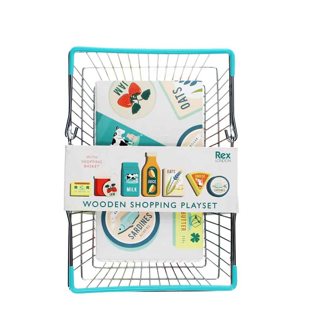 Wooden Shopping Playset with wooden play food in a modern style and a metal shopping basket. For children over 3 years.