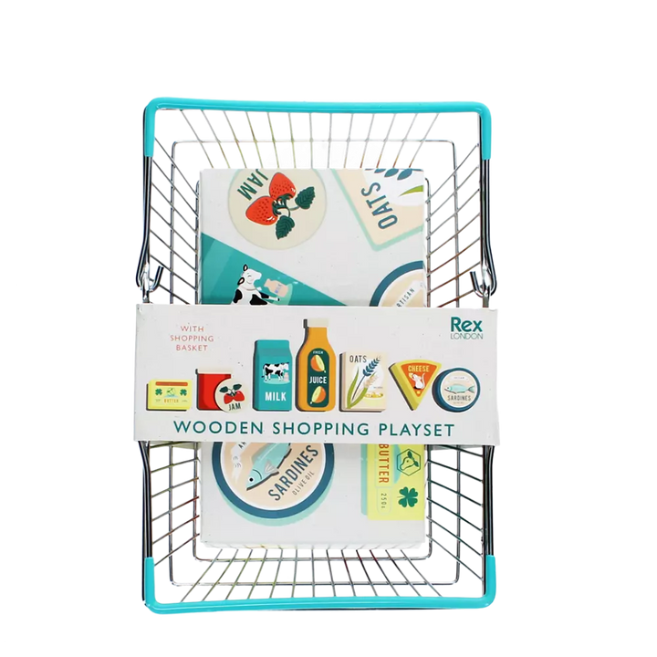 Wooden Shopping Playset with wooden play food in a modern style and a metal shopping basket. For children over 3 years.