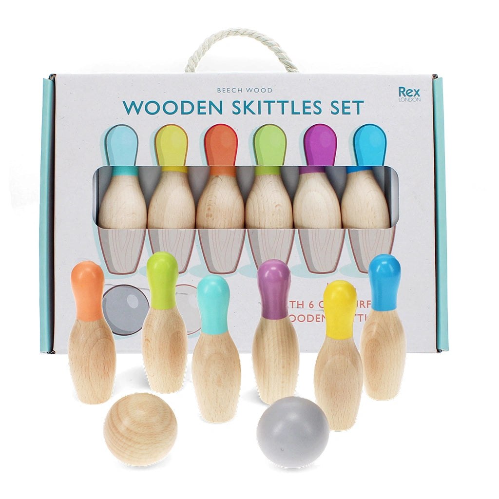 rex london wooden skittles game in gift box. ten pin bowling at home for kids age 3 and over.