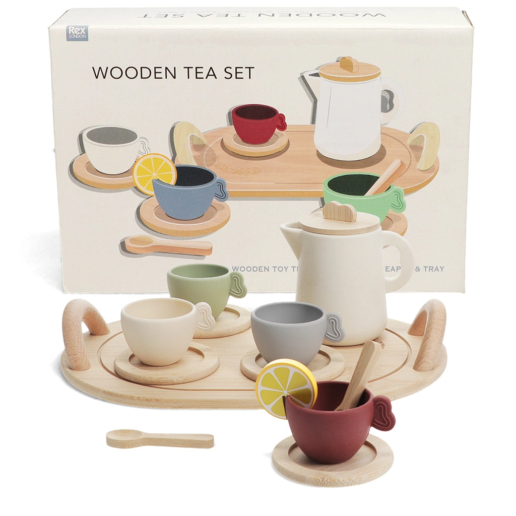 Rex London Wooden Toy Tea Set with cups, saucers, utensils and a tea tray - everything children need to host charming pretend tea parties