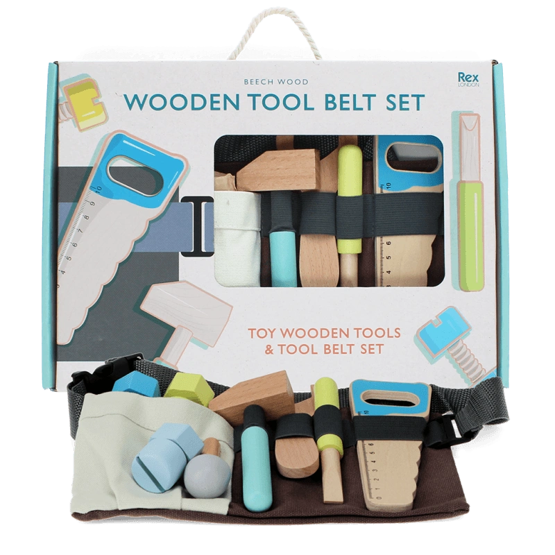 children's wooden tools and tool belt play set in a gift box. The set includes a wooden hammer, saw, screwdriver, chisel and a selection on nuts and bolts. The tools are natural wood with blue and green details and the tool belt is dark grey with an adjustable waist. for kids aged 3 and over. 