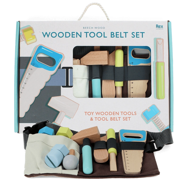 children's wooden tools and tool belt play set in a gift box. The set includes a wooden hammer, saw, screwdriver, chisel and a selection on nuts and bolts. The tools are natural wood with blue and green details and the tool belt is dark grey with an adjustable waist. for kids aged 3 and over. 