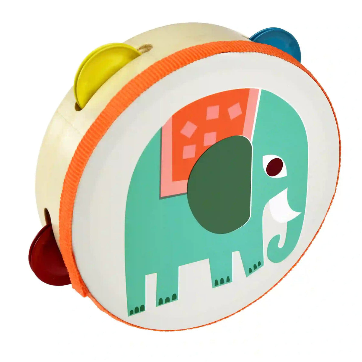 Wooden tambourine for children with retro colourful elephant design and coloured metal cymbals. made by rex London for children age 18 months and over. 