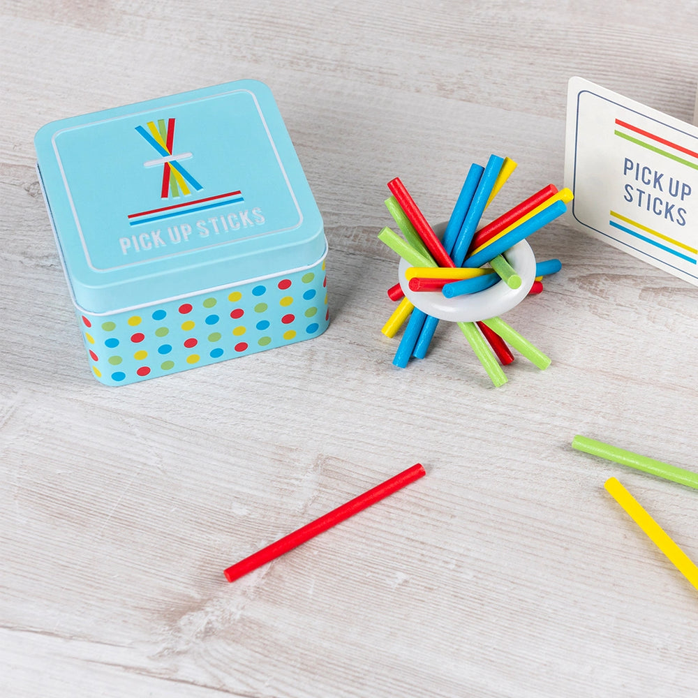 wooden pick up sticks games in a blue tin