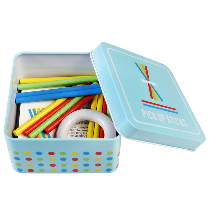 inside the tin - wooden pick up sticks travel game