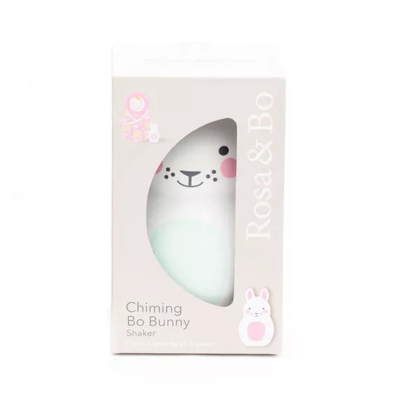 Rosa + Bo Mint Bo Bunny Chiming Shaker toy in a beige gift box.
