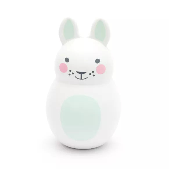 Rosa + Bo Mint Bo Bunny Chiming Shaker with pink cheeks and a soft pastel mint tummy. Suitable from birth