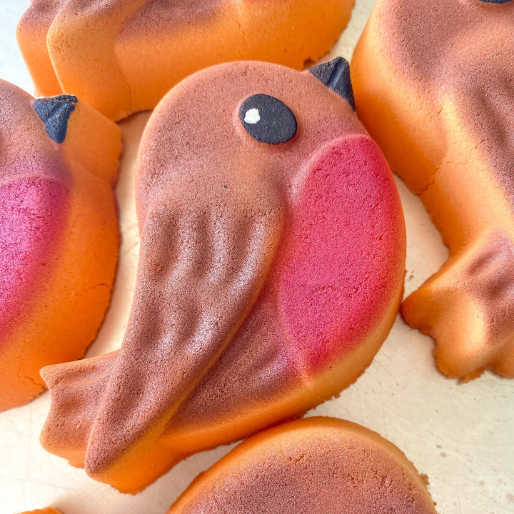 close up of a cute brown and red robin bird bath bomb 