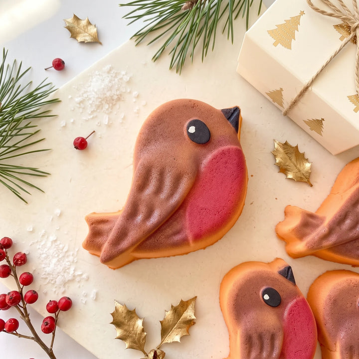 brown and red robin bird bath bomb on a light festive background