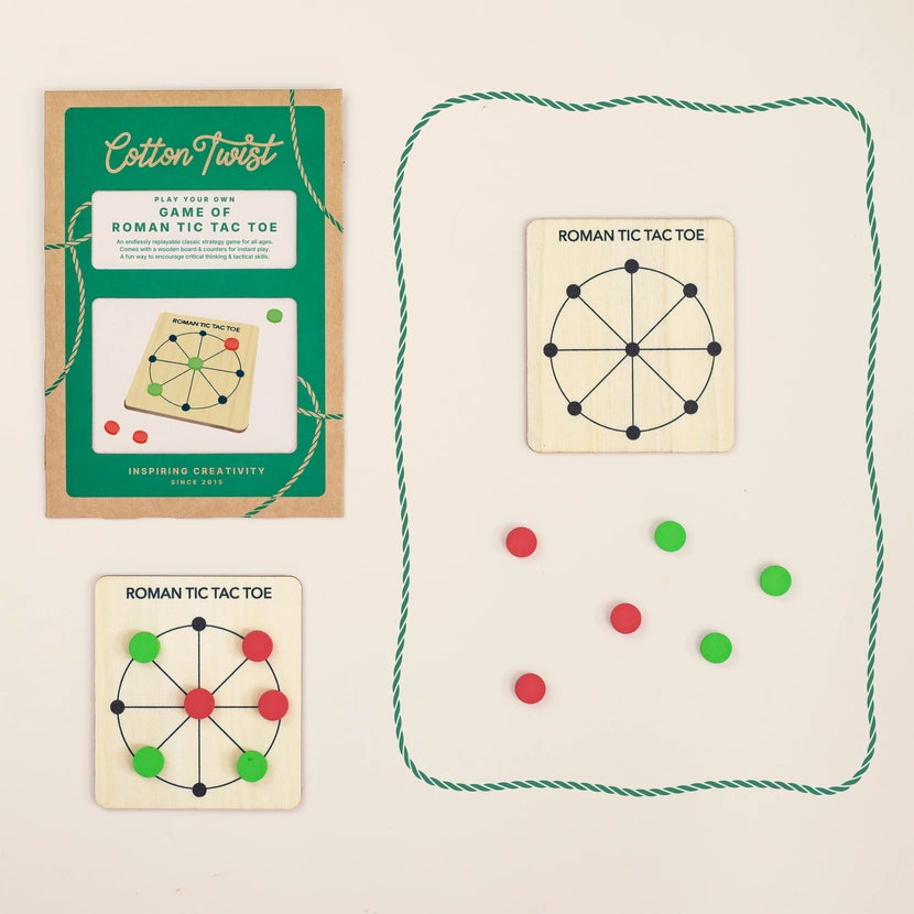 Roman Tic Tac Toe game set with packaging on a light beige background