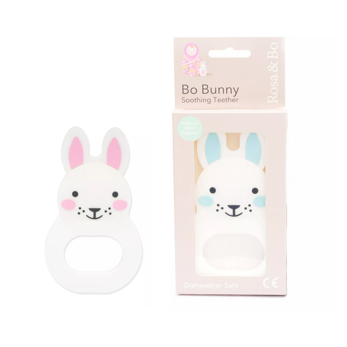 two bunny shaped silicone teething toys, one with pink ears and the other with blue ears. For babies from birth.