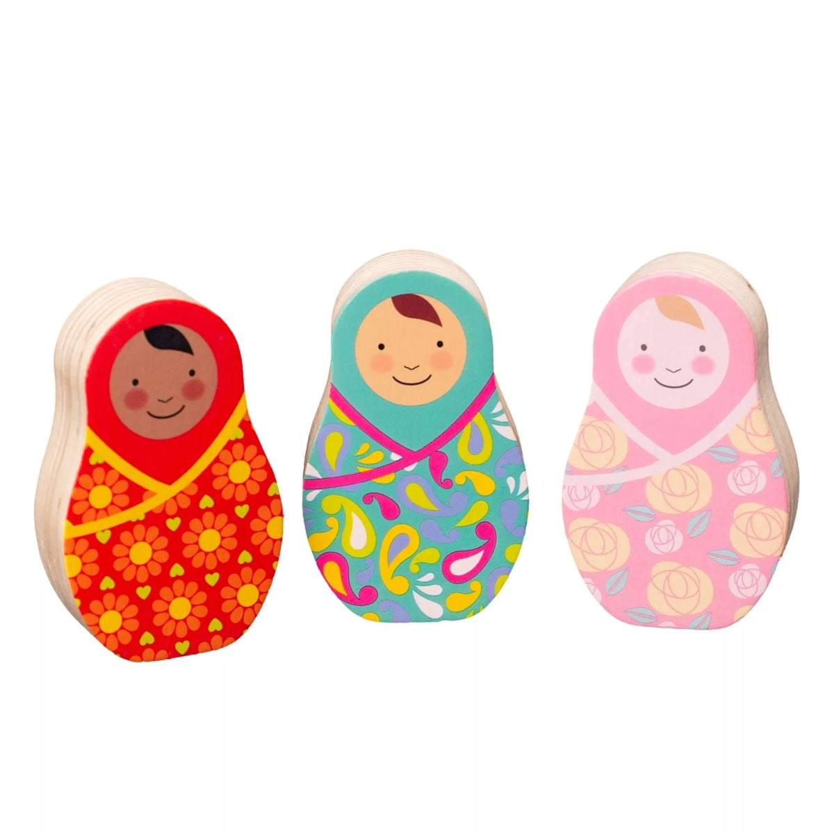 Rosa + Bo Collectible Wooden play figures with russian doll designs in pink blue and red. 