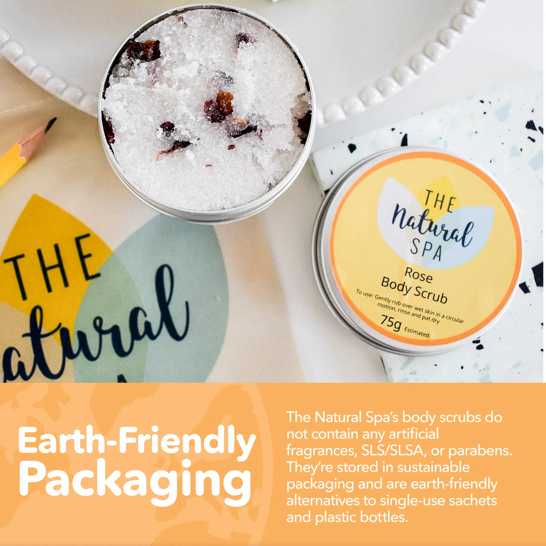Rose body scrub from The Natural Spa with earth-friendly packaging on a white background.