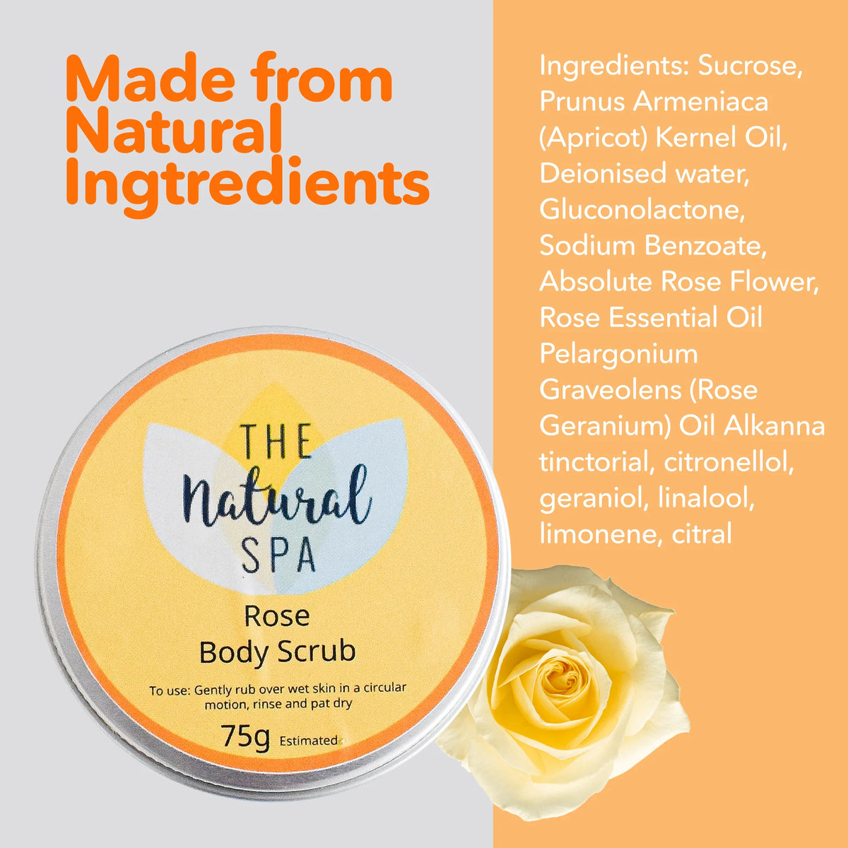 Rose body scrub container with natural ingredients list on a split background