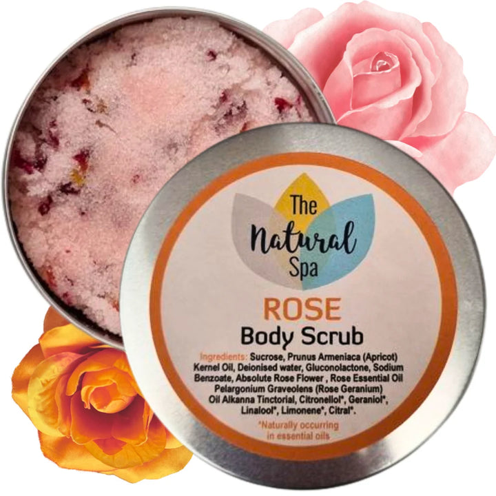 Rose body scrub in a metal tin with rose flowers on a white background