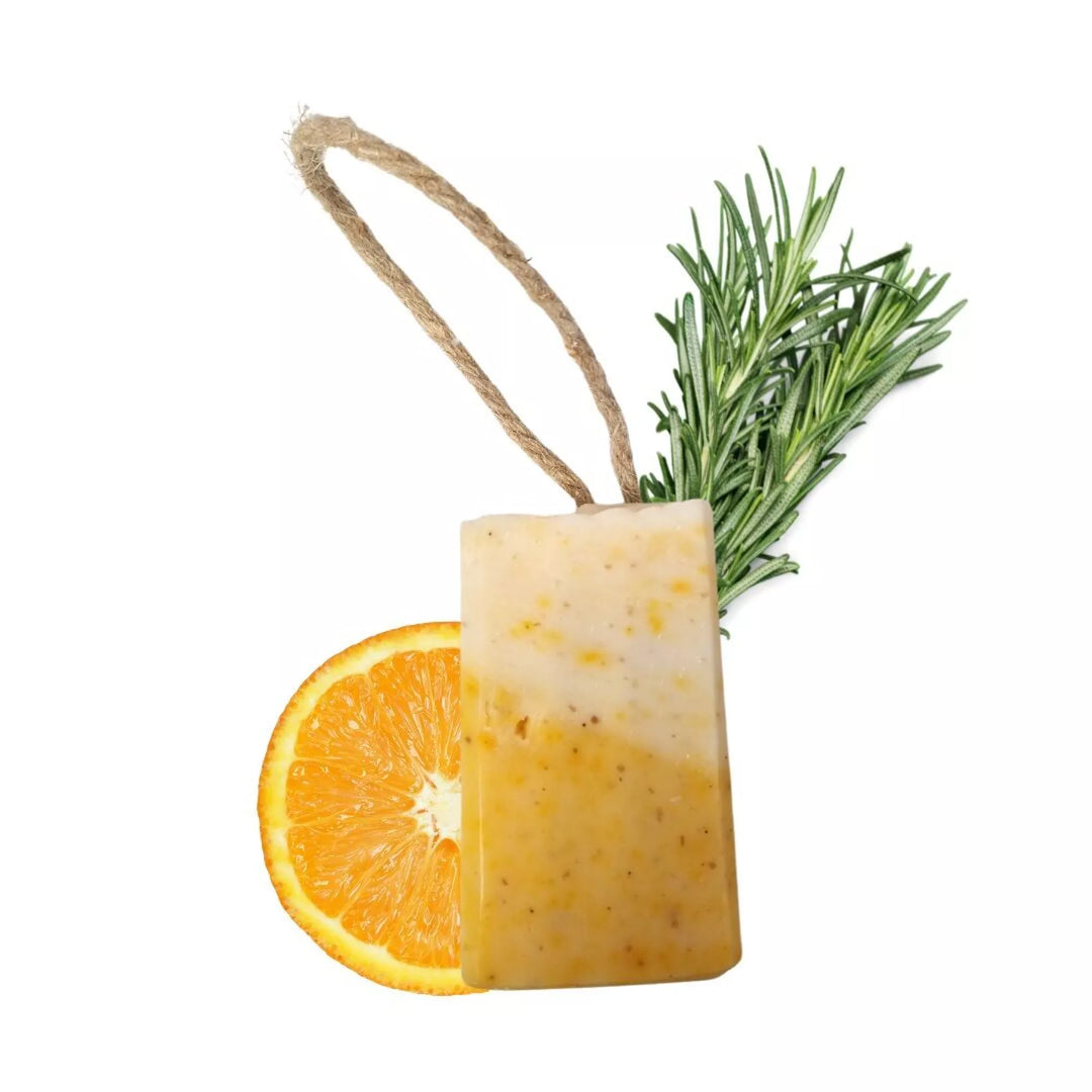 natural soap on a rope with a slice of clemetine and spring of rosemary in the background