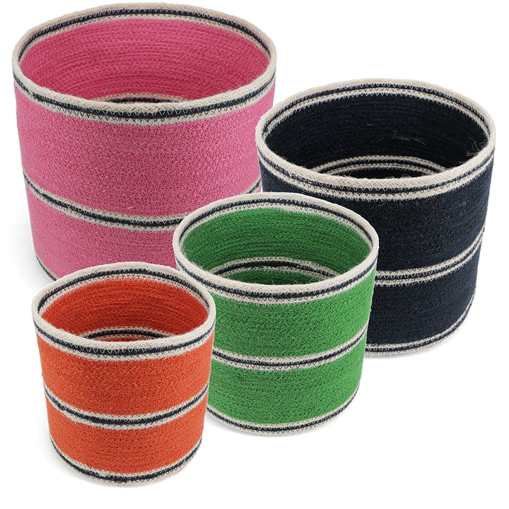 Set of four colourful woven cups with striped patterns on a white background