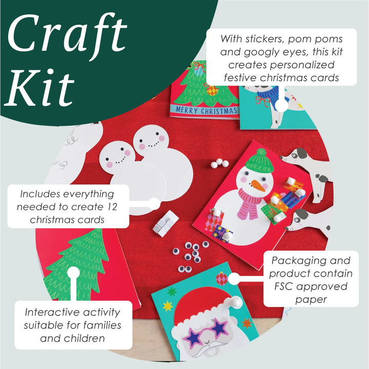 A Christmas craft kit displayed on a red felt surface with labeled callouts and text boxes. The kit includes paper snowmen, colorful cardstock, stickers, pom poms, googly eyes, and small craft pieces.