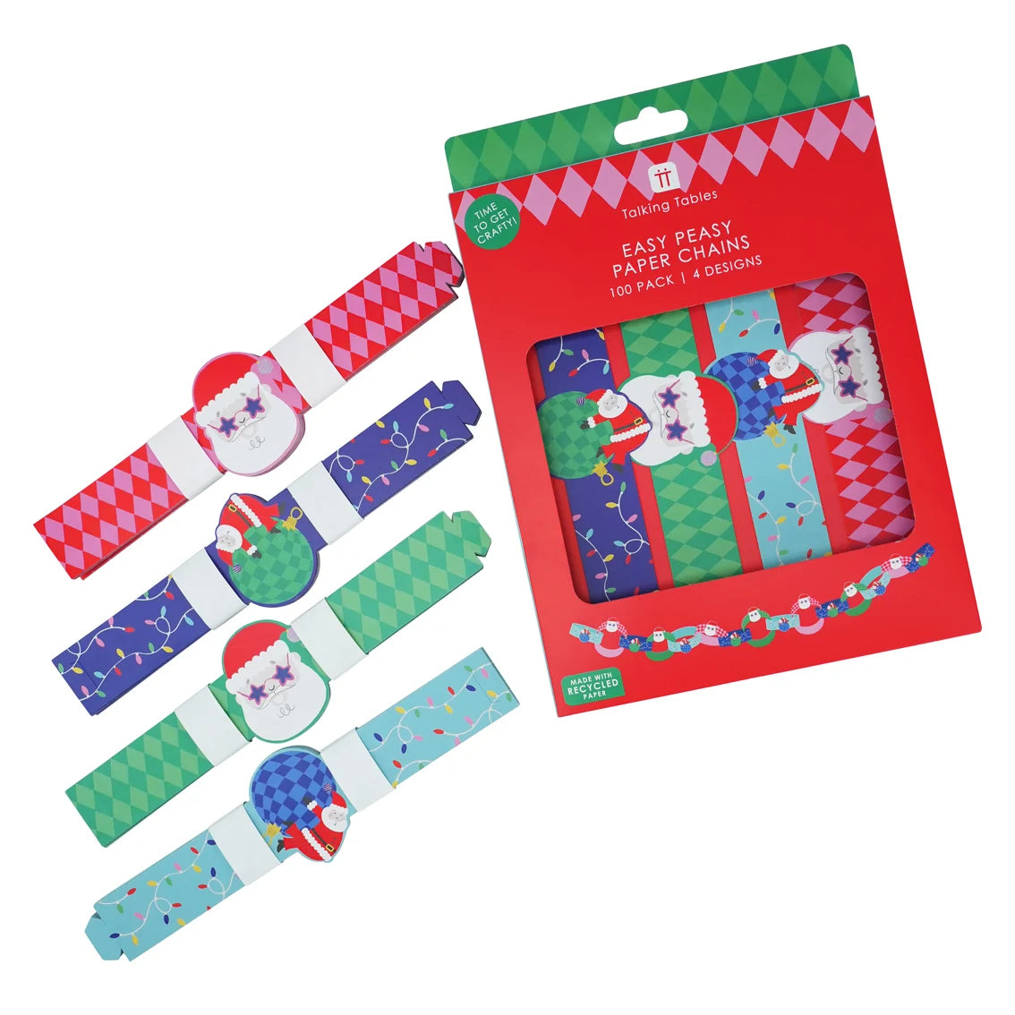Packaged easy peasy paper chains with colourful designs on a white background