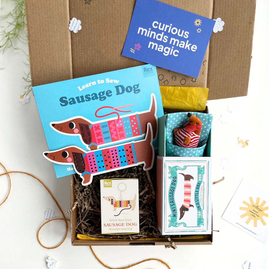 childrens craft gift box with 'Learn to Sew Sausage Dog', little sausage dog toy, sausage dog keying craft kit in a kraft gift box, featuring a 'curious minds make magic' card.